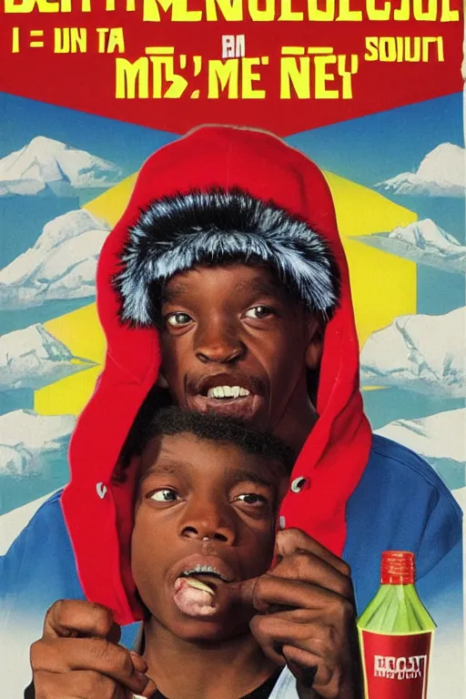 Image similar to poster the movie 1 9 8 8 ussr don't be a menace to south central while drinking your juice in the hood, perfect symmetrical eye, soviet russian winter fur hat with earflaps ushankas