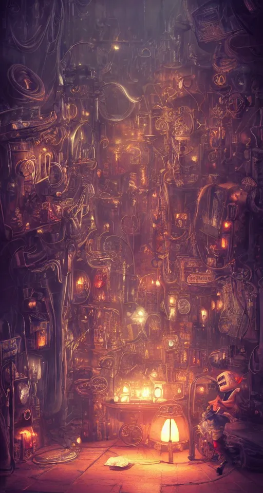 Image similar to tapestrie of a dream, ultra detailed, dark, steampunk, moody, candles, neon signs, characters from machinarium, by don bluth, trending on artstation, octane render