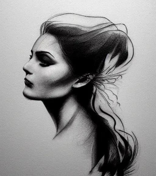 Image similar to tattoo design sketch of a beautiful woman face with a faded background of beautiful mountains and nature on her side, hyper - realistic, in the style of den yakovlev, amazing detail, black and white