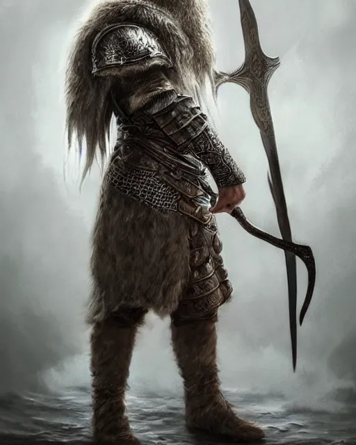 Prompt: hyperdetailed full body portrait of a viking, hyperdetailed fancy armor with white fluffy leather cape, hyperdetailed fancy horned helmet, white long and fancy beard, hero pose, dramatic light, hd, sharp, illustration, realistic, hyperdetailed, studio light, trending on artstation