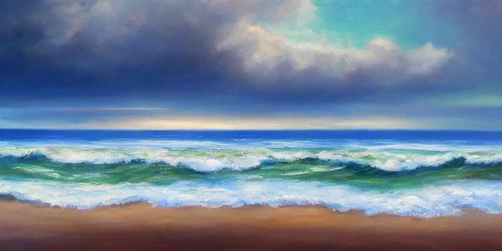 Prompt: a beautiful oil on canvas. seascape. view from the coast of the sea. coastal landscape trees and sand. stormy blue and green sea i'm background. epic sky bdetailed. trending on art station. beautiful. tropical. h 7 6 8