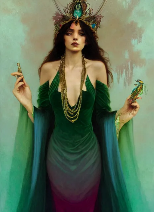 Prompt: ombre velvet gown, emerald, feathers, lovely bohemian princess, portrait, long hair, tiara, dozens of jeweled necklaces, feral languid woman, by greg rutkowski, brom, anato finnstark, alphonse mucha