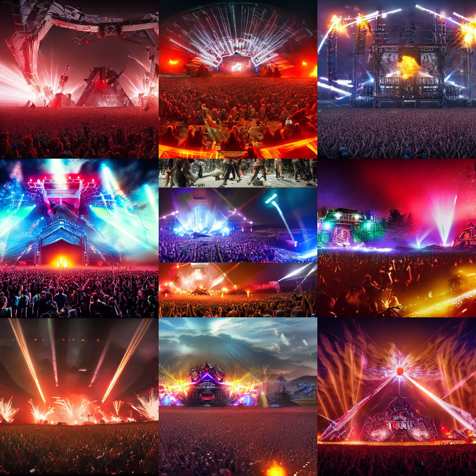 Prompt: outdoor epic festifal mainstage trash hybrid defqon 1 festival, light beams, lasers, flamethrower, crowd, octane render, 3d, unreal engine, highly detailed, 4k, 8k, HD