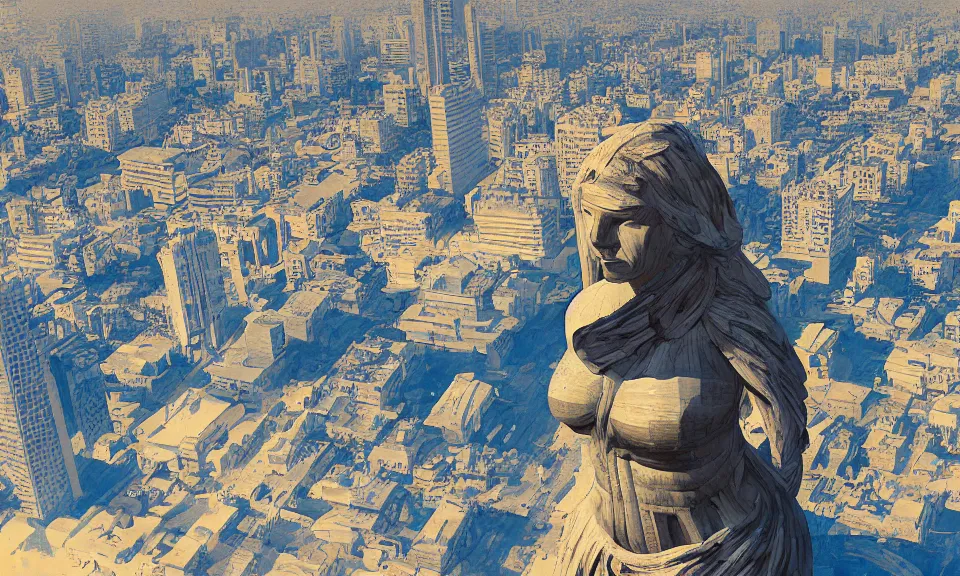 Prompt: digital painting, birds eye view of a massive greek sculpture a beautiful massive female statue surrounded hovering over tel aviv, by syd mead and jack kirby, color scheme, kirby crackle, arik roper, concept art