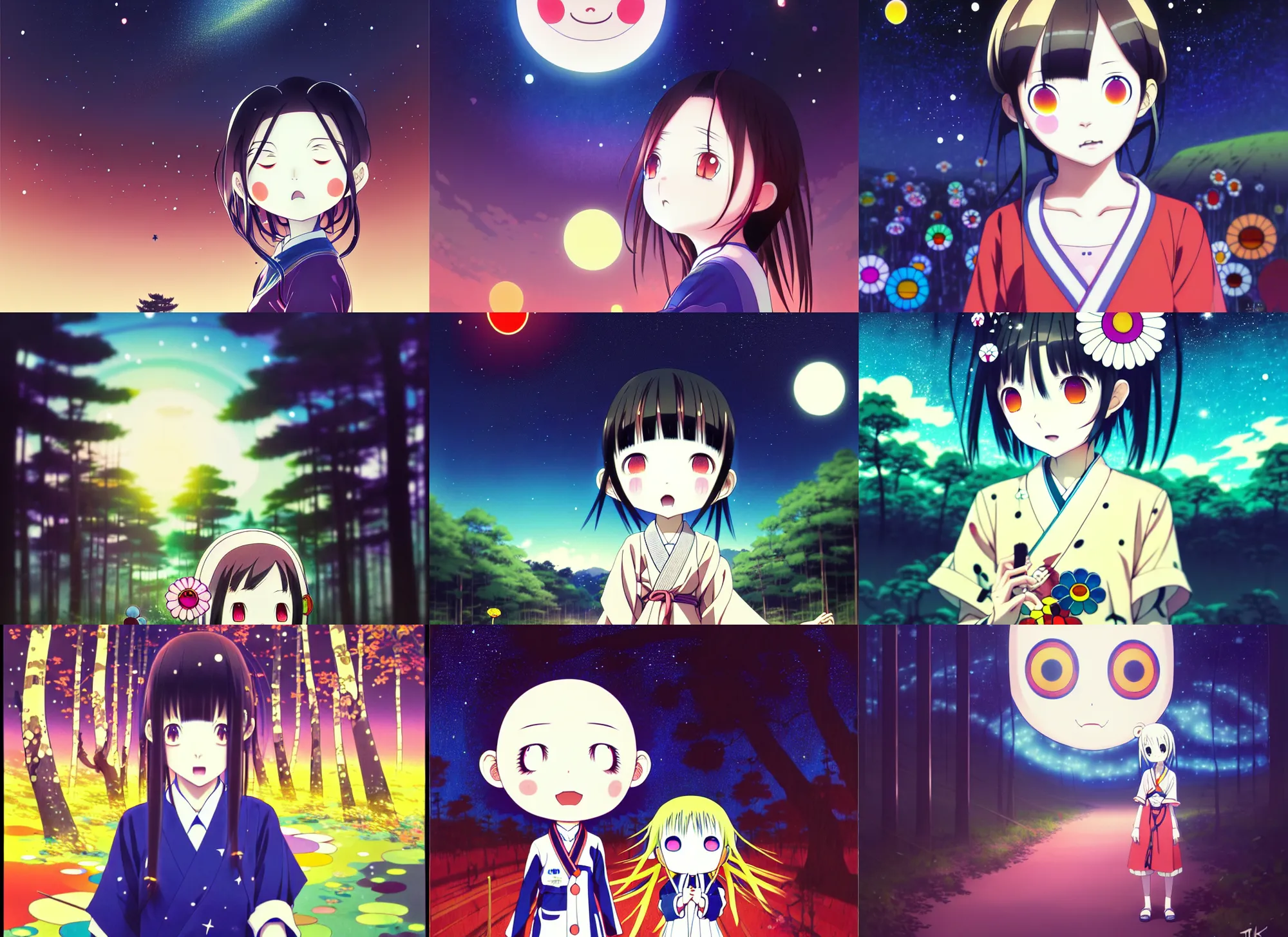 Prompt: takashi murakami, anime key visual, young woman traveling in a forest at night, night sky, very dark, cute face by ilya kuvshinov, yoh yoshinari, dynamic pose, dynamic perspective, rounded eyes, kyoani, smooth facial features, dramatic lighting, tatami galaxy,