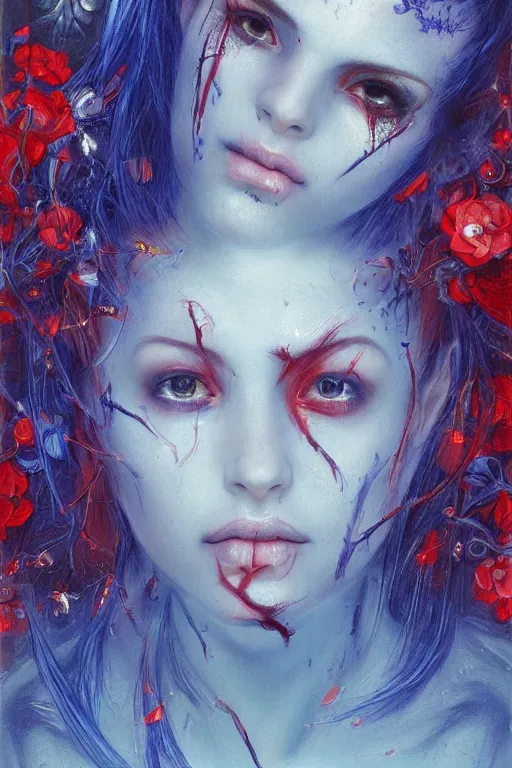 Image similar to portrait of beautiful young maiden, warhammer, cyber style, more and more cyberpunk, a lot of more scars, more and more flowers, blue head, some red water, the middle ages, highly detailed, artstation, illustration, artgerm sylvari portrait, 8 k quality, art by alfred kubin