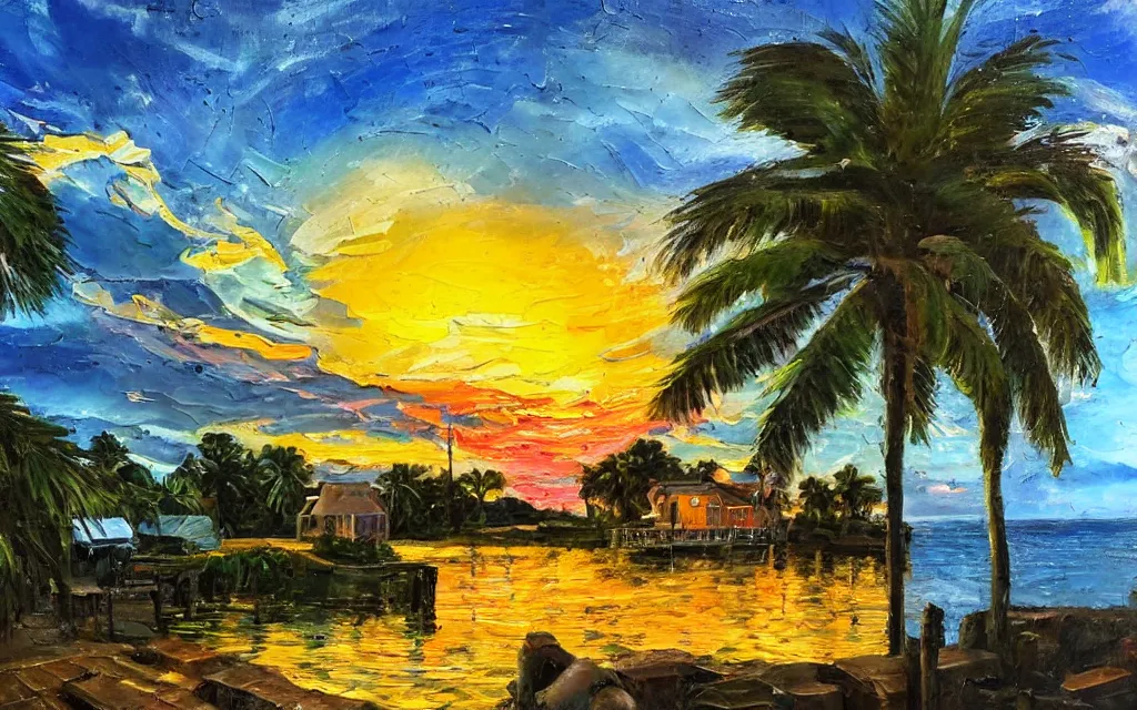 Image similar to a tiny island surrounded by water with a cozy cottage, with a paved garden courtyard with benches, palm trees, river, sunset, puffy clouds, dramatic and dynamic lighting, thick brush strokes oil impasto painting