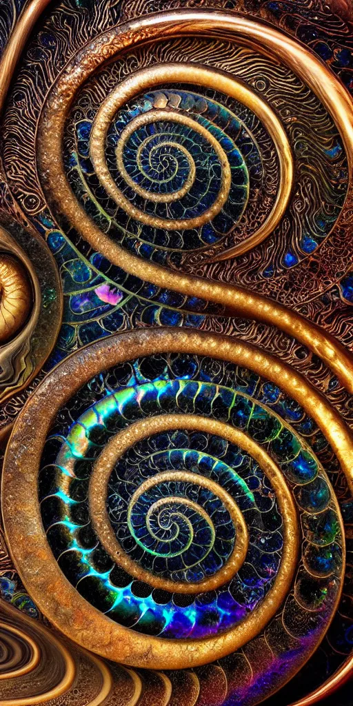 Image similar to cinematic landscape, art nouveau cresting oil slick waves, ammonite, bubbles in a shiny iridescent oil slick wave, black opals, ornate copper patina art nouveau spiral ornament, rococo, organic rippling spirals, hyperdetailed photorealistic ultrasharp octane render