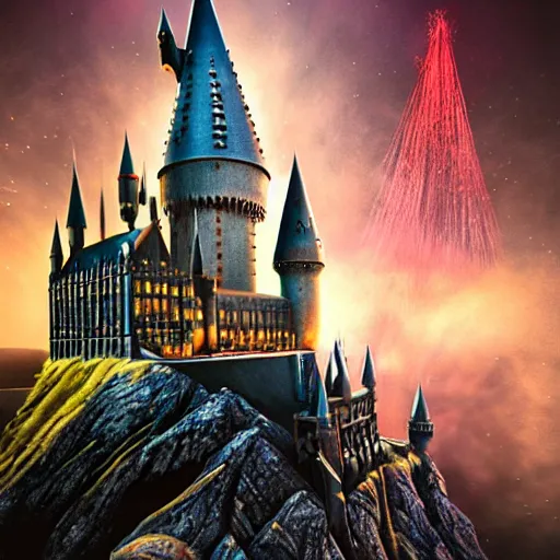 Prompt: hogwarts castle with fireworks and wizards flying on brooms in the night sky, volumetric lighting, 8 k octane beautifully detailed render, post - processing, extremely hyper - detailed, intricate, epic composition, cinematic lighting, masterpiece, trending on artstation, detailed detailed detailed, masterpiece, stunning art by anders zorn, wonderful masterpiece by greg rutkowski, beautiful cinematic light,