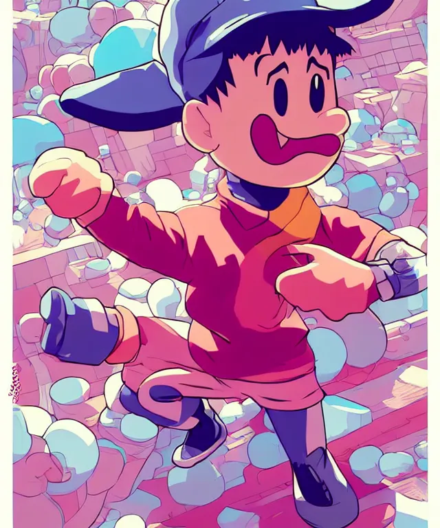 Image similar to ness from earthbound in the art style of josan gonzalez, crisp 8 k line art, digital painting, artstation, concept art, matte, sharp focus, hyper realistic lighting, illustration