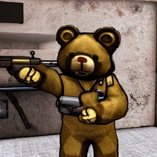 Image similar to a screenshot of a teddy bear inside a counter strike game, the teddy bear is holding a gun, the teddy bear is shooting another teddy bear