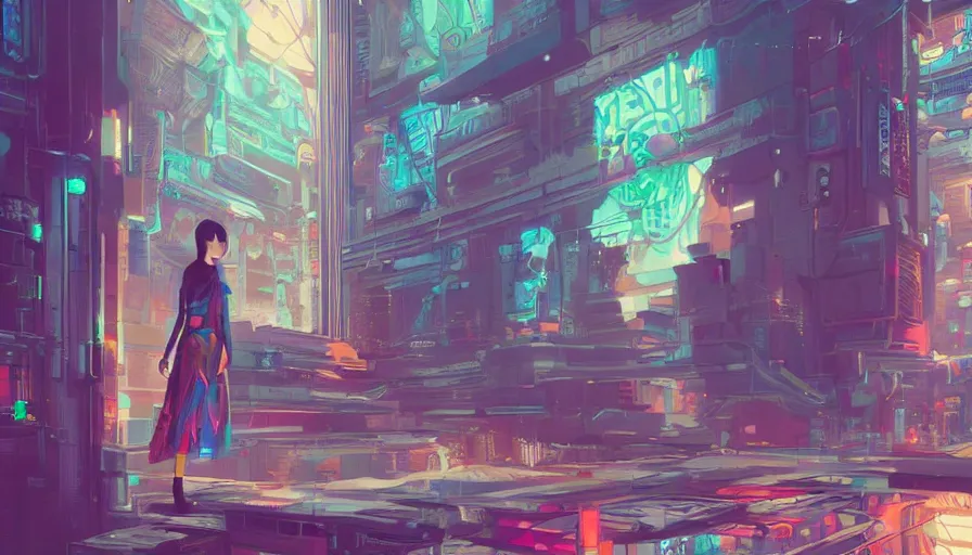 Image similar to a digital painting of a woman exploring a temple, cyberpunk art by james jean, cgsociety, retrofuturism, anime aesthetic, chromatic, iridescent