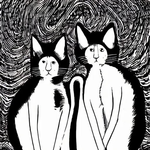 Image similar to black and white illustration creative design, two headed cat, junji ito