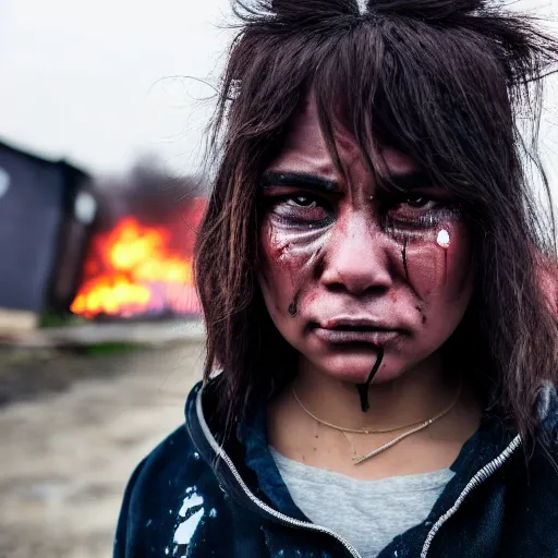 Image similar to photographic portrait of a distressed streetwear woman holding back tears, a futuristic shanty town burns in the background, closeup, sigma 85mm f/1.4, 4k, depth of field, high resolution, 4k, 8k, hd, full color