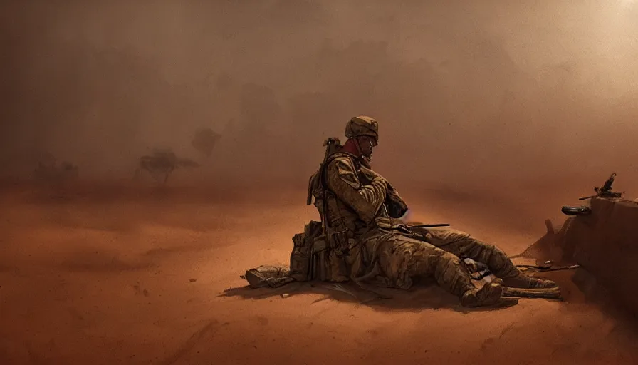 Image similar to beautiful digital painting of a soldier in a trench waiting for the war to end, in the sahara desert. cinematic lighting, atmospheric emotions by greg rutkowski,