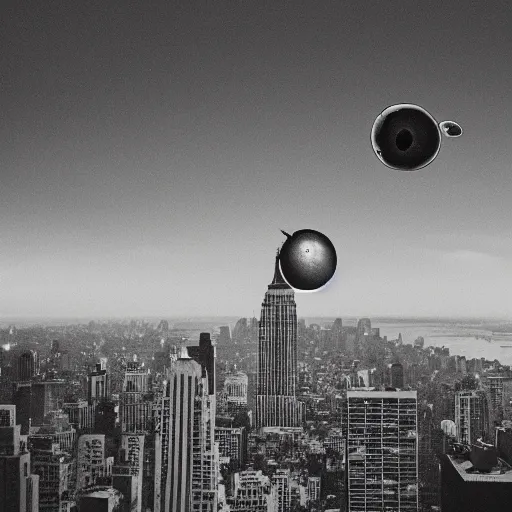 Image similar to grainy black and white photo of giant eyeballs floating over new york city