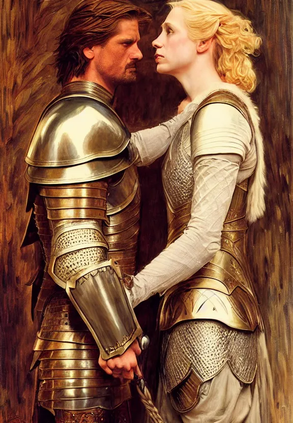 Image similar to attractive fully clothed jaime lannister confesses his love for attractive fully clothed armored brienne of tarth. highly detailed painting by gaston bussiere and j. c. leyendecker 8 k