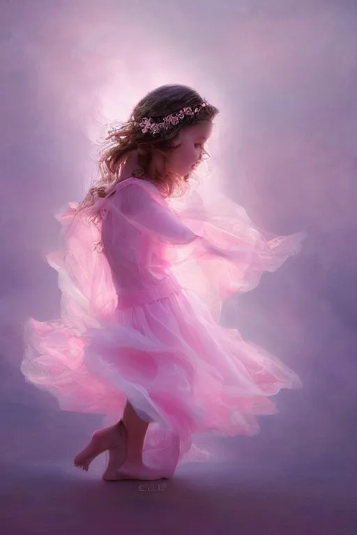 Image similar to very beautiful little girl dancing in the wind, beautiful face, ethereal, beautiful wedding dress, pink, gorgeous, volumetric lighting, elegant, fluid, ultradetailed, digital painting, concept art, illustration, limited color palette, atmosphere and tension, art by greg olsen and liz lemon swindle