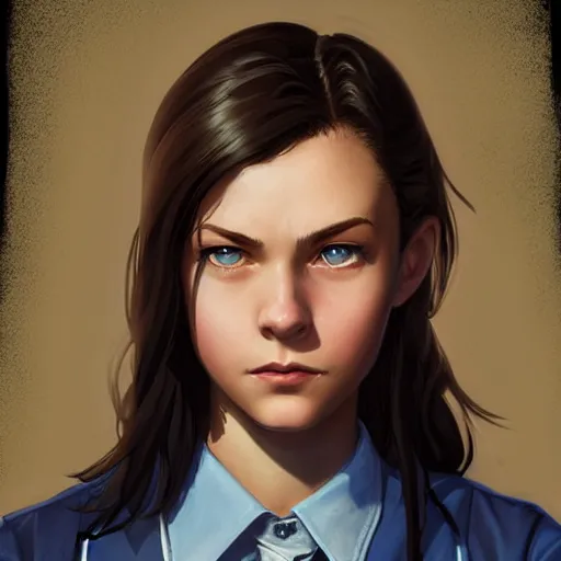 Image similar to portrait of a brunette thin teenager girl with blue eyes wearing school uniform in fallout, light stubble, digital art,photorealistoc,art by greg rutkowski,hyperdetailed,western comic style,comic,comic style,sharp lineart,professional lighting,deviantart,artstation,trevor henderson,rossdtaws,cinematic,dramatic