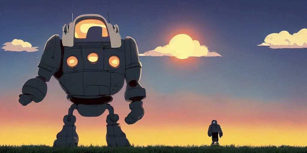 Prompt: Danny Devito as Iron Giant, Portrait, Cloudy Sky, Golden Hour, Sun, Neon Lights, Subject in Middle, Subject in center, Rule of Thirds, Retrofuturism, Studio Ghibli, Simon Stålenhag