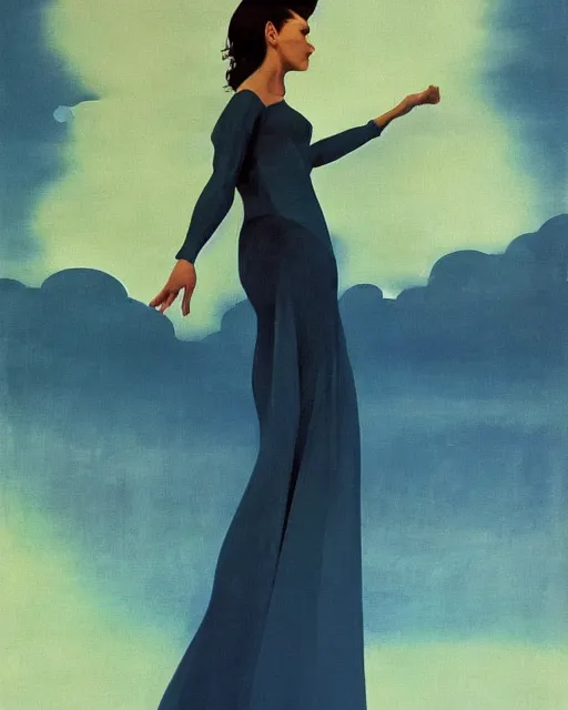 Image similar to portrait of a woman, female figure in maxi dress, sky, thunder clouds modernism, dynamic pose, dance, morning dramatic cinematic light, low poly, low poly, low poly, industrial, soviet painting, social realism, barocco, Frank Frazetta, Dean Ellis, Detmold Charles Maurice, gustav klimt, levitation, movie poster 1993 anime