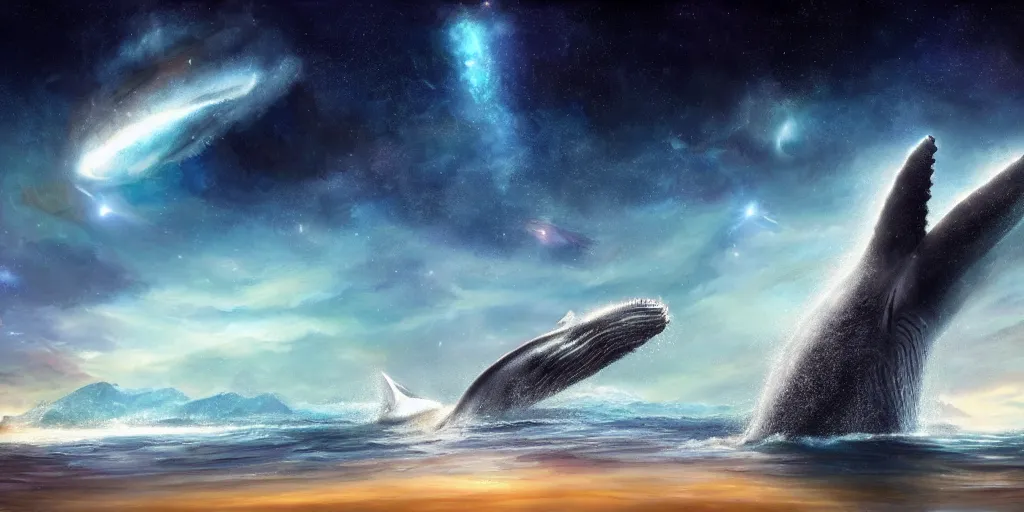 Image similar to a beautiful scenary of a fantasy world of a giant humpback whale on galaxy with the background of planet jupyter, artstationHD, digital painting, hyper detail, elegant, cinematic, epic lighting, very very very very beautiful scenery