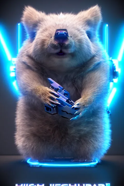 Image similar to high quality 3 d render sci - fi very cute mecha & fluffy! wombat!! hybrid! fighting, highly detailed, unreal engine cinematic smooth, in the style of blade runner & detective pikachu, hannah yata charlie immer, dark blue neon light, low angle, uhd 8 k, sharp focus