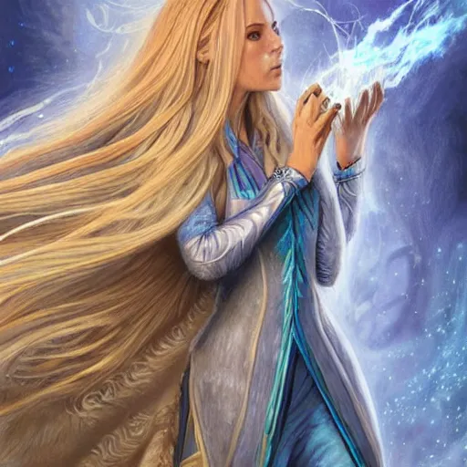 Prompt: a detailed tarot card of a human wizard casting a spell, female, blonde and auburn two toned hair, crackling blue lightning, fantasy, d & d, intricate, elegant, highly detailed, digital painting, artstation, concept art, matte, sharp focus, illustration, in the style of magic the gathering, art by artgerm and greg rutkowski and alphonse mucha