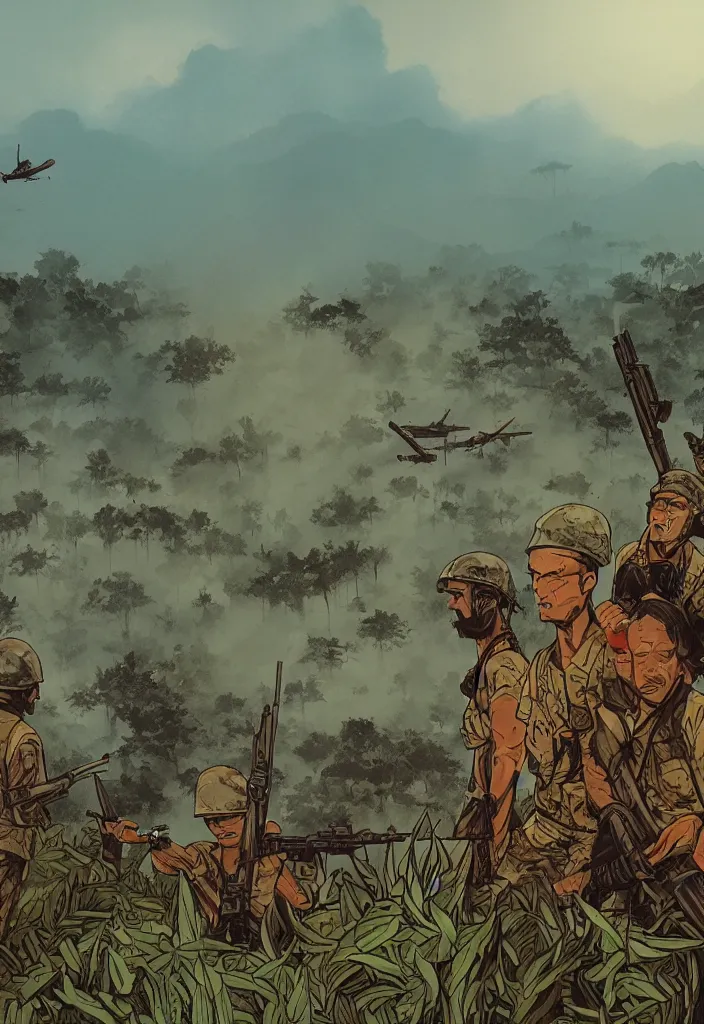 Prompt: handmade illustration of an epic Vietnam war scene with only one american soldiers stand still, the jungle at the background, some smoke and fire, blue sky with dramatic clouds, line art, ink, watercolor by Kilian Eng and by Jake Parker, heavy brushstrokes, winning-award masterpiece, fantastic, octane render, 8K HD Resolution, High quality image