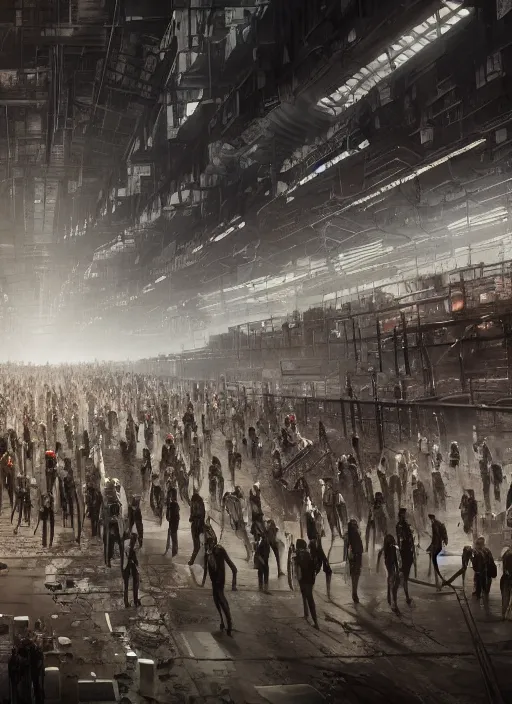 Image similar to a long queue of people standing in a huge underground dystopian factory, low camera angle, hyperdetailed, artstation, cgsociety, 8 k