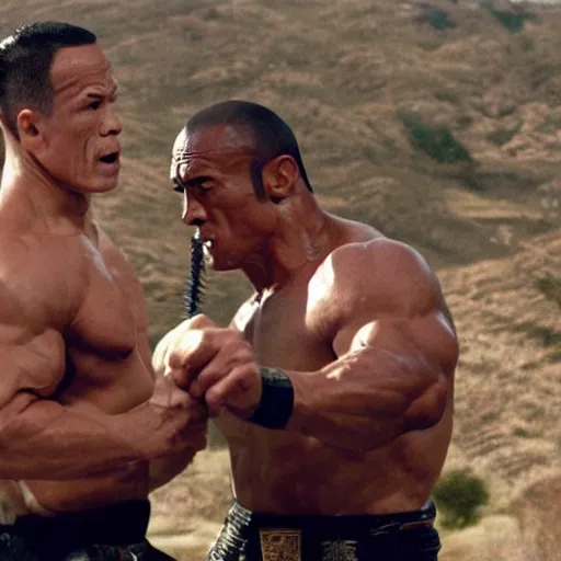 Prompt: Samurai John Cena vs samurai the rock , a film still