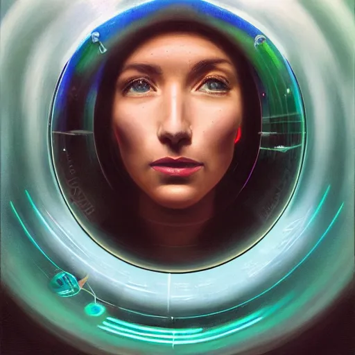 Image similar to detailed face of a woman, large hadron collider, gyroscopic skydome, wet reflections, prism, atmospheric, ambient, pj crook, syd mead, livia prima, artgerm, greg rutkowski, nick alm, casey baugh