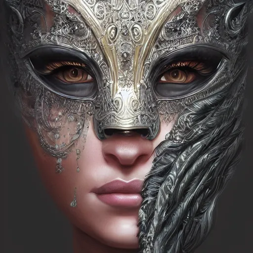 Image similar to Very very very very highly detailed epic photo of face with venetian mask, intricate, dystopian, sci-fi, extremely detailed, digital painting, artstation, concept art, smooth, sharp focus, illustration, intimidating lighting, incredible art by Artgerm