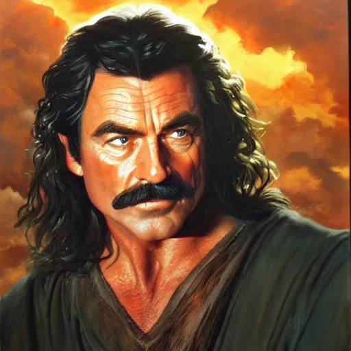 Prompt: ultra realistic portrait painting of tom selleck as aragorn, art by frank frazetta, 4 k, ultra realistic, highly detailed, epic lighting