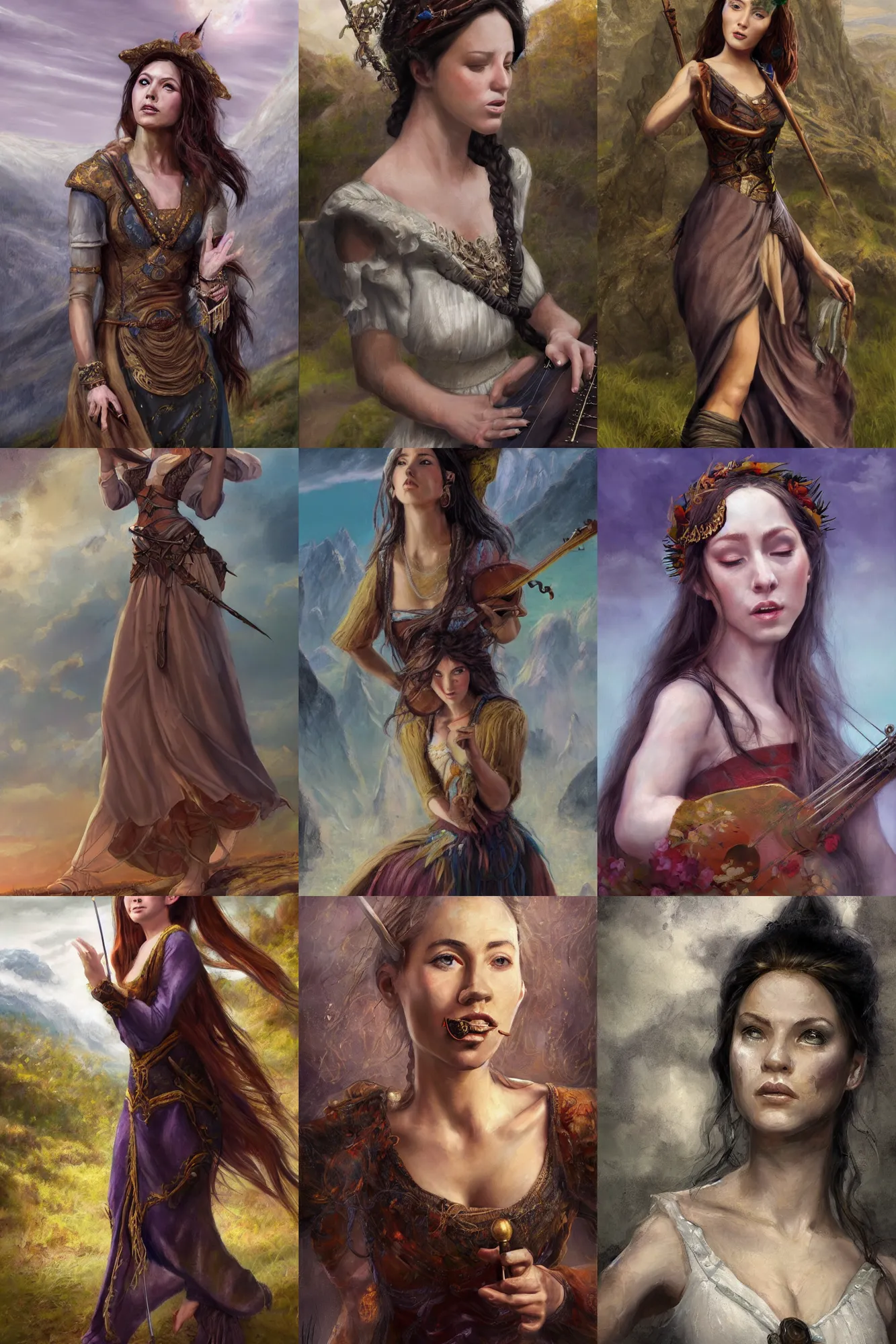 Image similar to a full body high detail fantasy portrait oil painting illustration of a single beautiful sophisticated singing bard woman by justin sweet with face and body clearly visible, in a scenic background, pupils visible, realistic proportions, d & d, rpg, forgotten realms, artstation trending, high quality, sombre mood, artstation trending, muted colours, entire person visible!