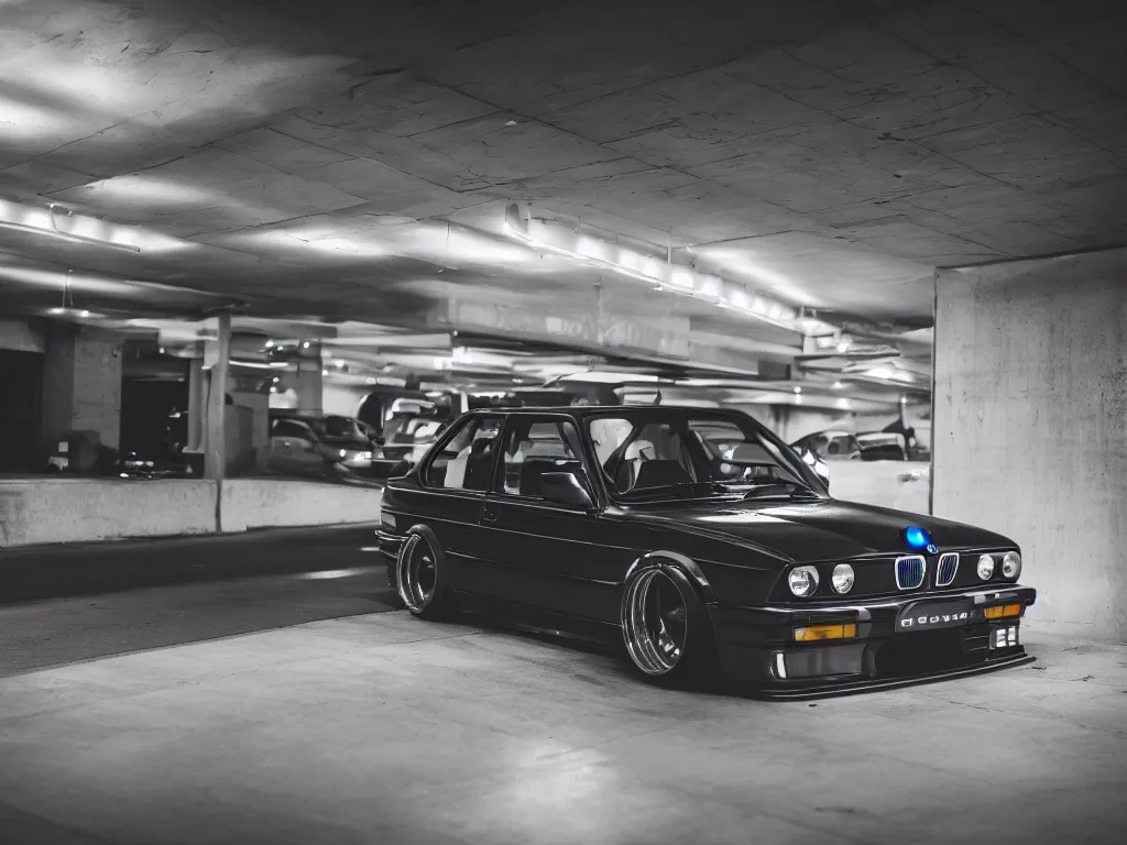 Image similar to a modified bmw e 3 0 with lights on in a futuristic neon parking garage, 3 5 mm photography, car photography, clean lines, realistic