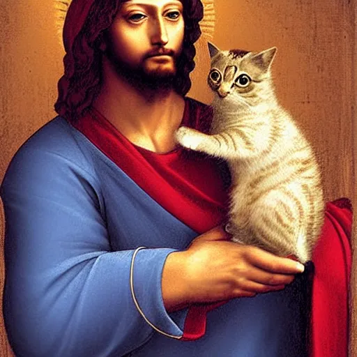 Image similar to portrait of jesus holding a cute cat, digital art, by leonardo da vinci