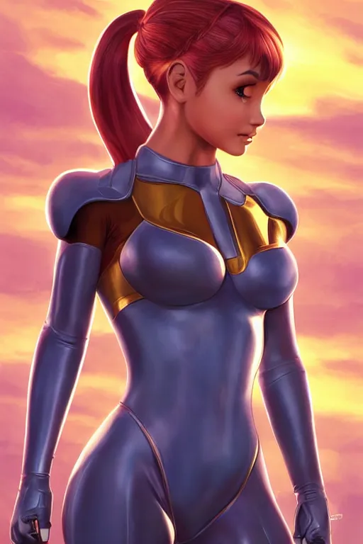 Image similar to Ariana Grande as Samus Aran, golden hour, by greg Rutkowksi, by artgerm