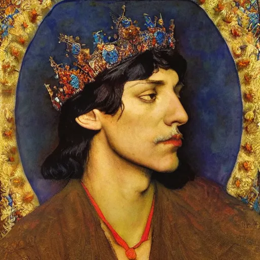 Image similar to portrait of a crow wearing a crown, by Annie Swynnerton and and Nicholas Roerich and Maxfield Parrish and Diego Rivera , symbolist, dramatic lighting, embroidered brocade robes, god rays, rich colors,smooth, sharp focus, extremely detailed