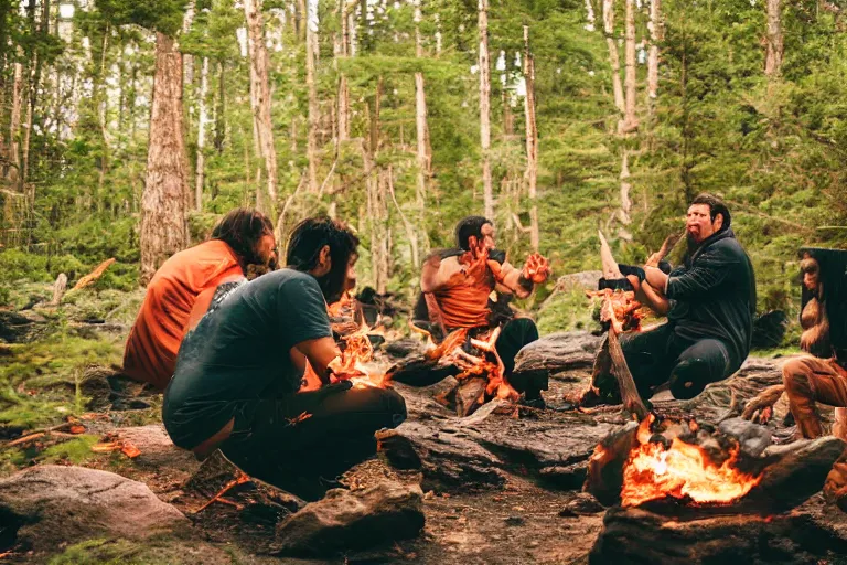 Image similar to sigma 8 5 mm, photo, neanderthal people eating sushi, surrounded by dinosaurs!, gigantic forest trees, sitting on rocks, bonfire, close up camera on bonfire level