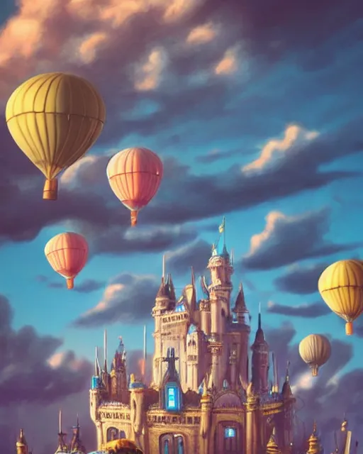 Prompt: flying cloud castle, buildings, baloons, atmosphere, glow, detailed, full of colour, cinematic lighting, trending on artstation, 4 k, hyperrealistic, extreme details, bright, blue sky, cloudy, fantasy, masterpiece, art by wylie beckert