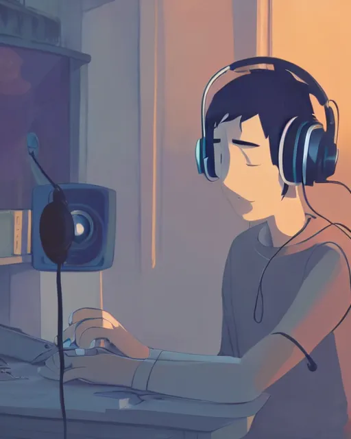 Image similar to man with headphones at his home studio producing music late at night, very detailed, 4 k, cory loftis, james gilleard, atey ghailan, makoto shinkai, goro fujita, studio ghibli, rim light, exquisite lighting, clear focus, very coherent