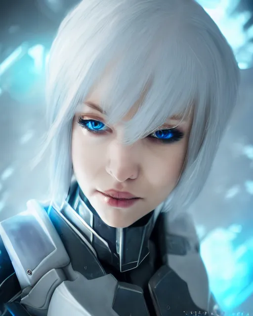 Image similar to perfect white haired girl, warframe armor, beautiful, dreamy, half asian, pretty face, blue eyes, detailed, scifi platform, laboratory, experiment, 4 k, ultra realistic, epic lighting, cinematic, high detail, masterpiece, akihito tsukushi