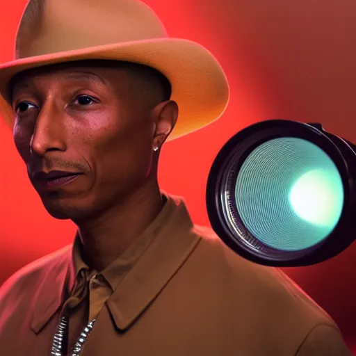 Image similar to cinematic film still of Pharrell Williams Making A Beat with an anthropomorphic alien, Japanese VFX, 2018, 400mm lens, f1.8, shallow depth of field,film photography