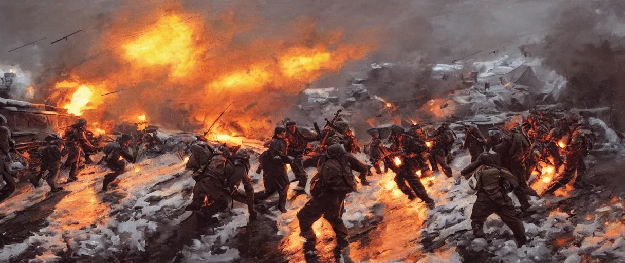 Prompt: Intense vibrant visceral film still of infantry explosions and fire charging across a bridge, snowy blizzard WW2 Normandy Foy Arnhem 1944,saving pvt ryan, oil painting by John Singer Sargent, Adrian Smith, Greg Rutkowski, Trending on Artstation