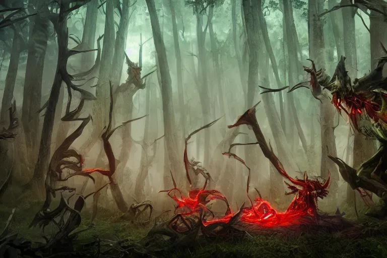 Prompt: a fallen demonic angle surrounded by angry village people in the middle of the forest, digital painting, mixed media, trending on artstation and deviantart, epic composition, highly detailed, 8 k