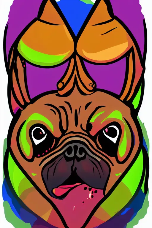 Image similar to Evil pug, the devil, sticker, blood thirsty, blood, evil, colorful, illustration, highly detailed, simple, smooth and clean vector curves, no jagged lines, vector art, smooth