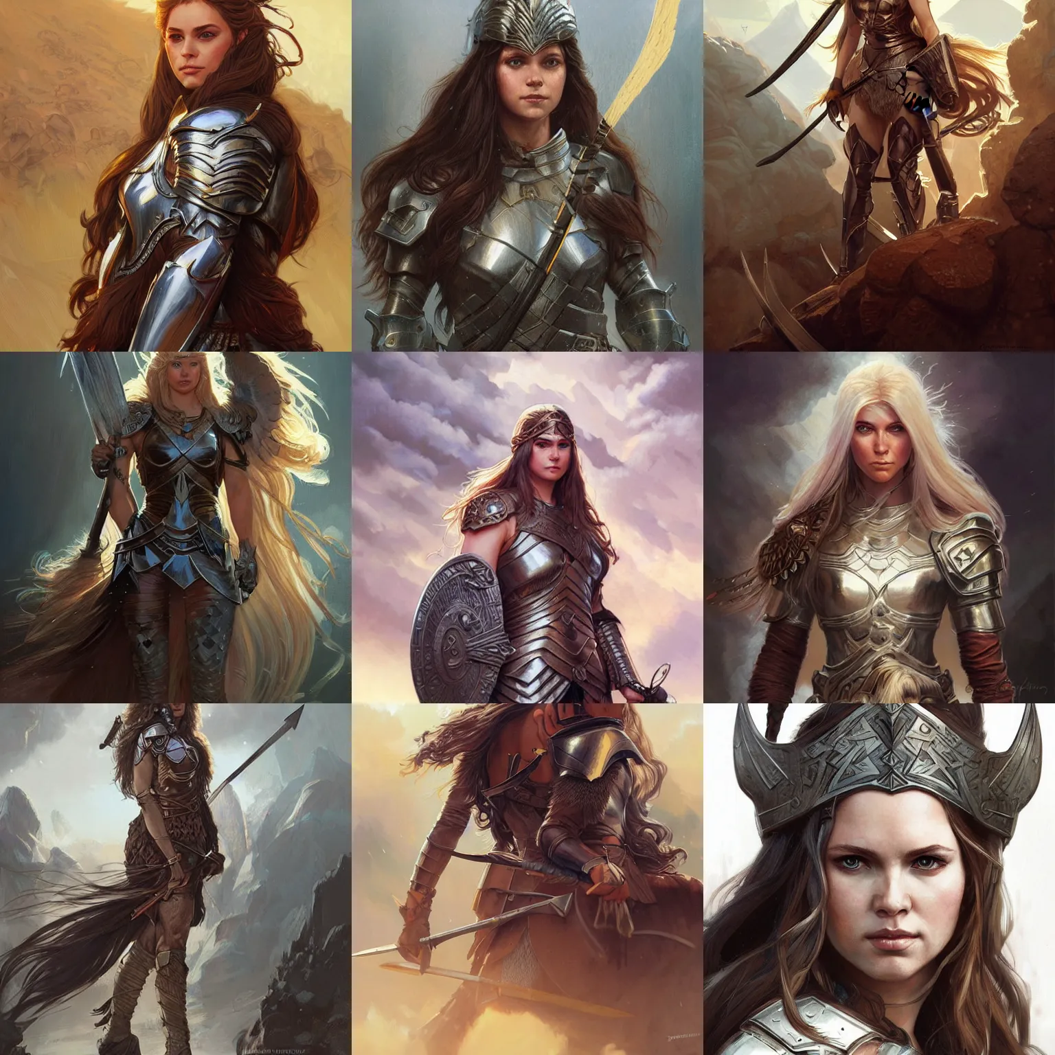 Prompt: long-haired valkyrie, armored, fantasy, D&D, portrait, highly detailed, digital painting, artstation, concept art, sharp focus, illustration, art by artgerm and greg rutkowski and alphonse mucha