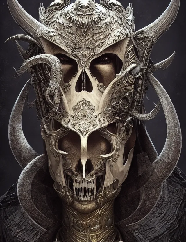 Image similar to 3 d goddess close - up profile portrait russian batman with ram skull. beautiful intricately detailed mask and weapon. artwork by giger and dali and beeple and greg rutkowski