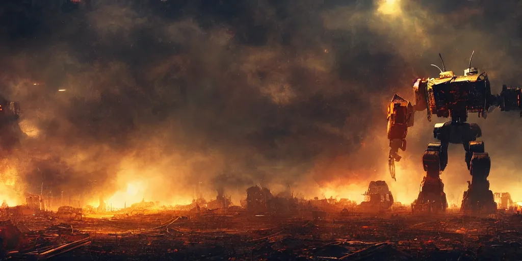 Prompt: beaten-up rusty giant robot in a technological megastructure, dramatic lighting, explosions, debris, smoke, apocalyptic scene, cinematic photography